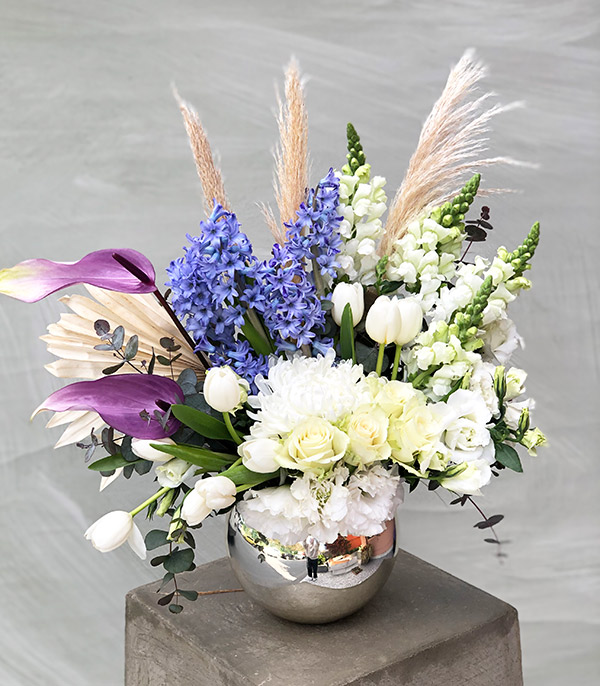 Elsa Purple Hyacinth White Flowers Vase Arrangement