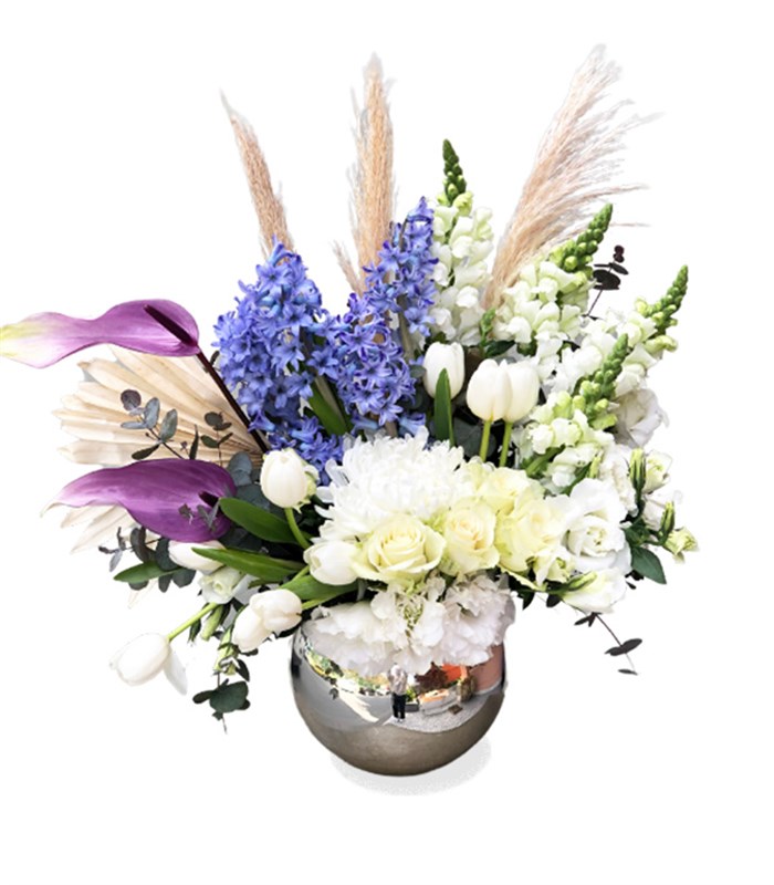 Elsa Mor Sümbül Beyaz Lale Çiçekler Vazo Aranjman
