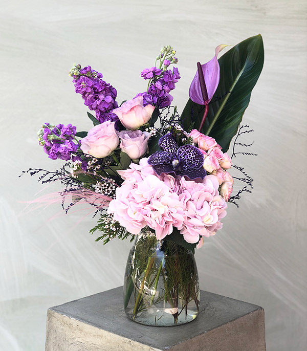 Pink Purple Arrangement in Glass Vase
