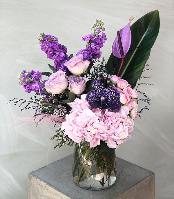 Pink Purple Arrangement in Glass Vase