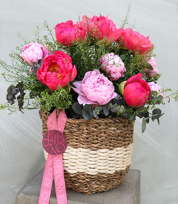 Pink Fuchsia Peonies Arrangement in Basket