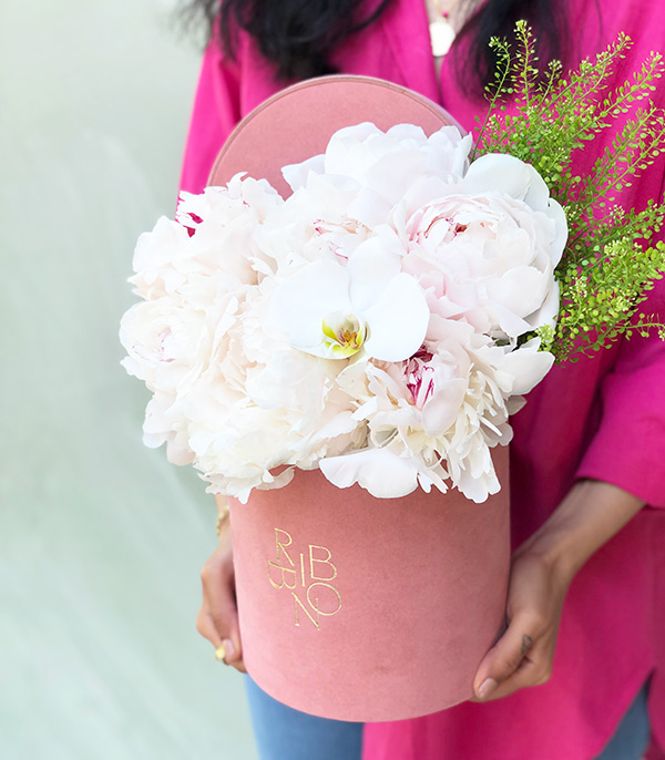 White Peonies in Pink Box