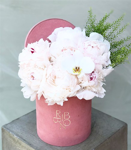 White Peonies in Pink Box