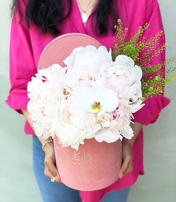 White Peonies in Pink Box