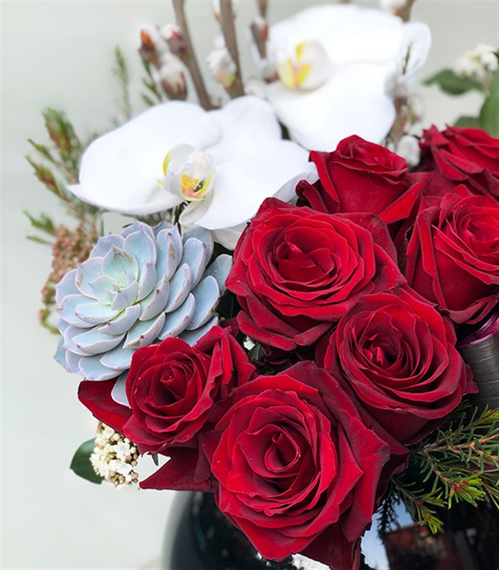 Jenny Kırmızı Gül Beyaz Orkide Siyah Vazo Aranjman