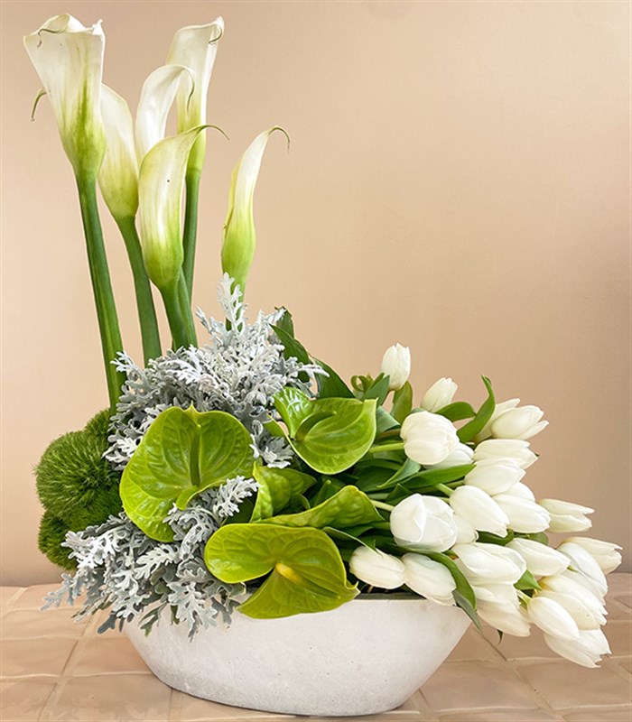 Swan Beton Vazoda Beyaz Lale Gala Deluxe Aranjman