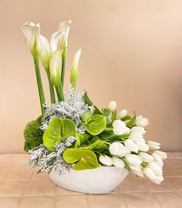 Swan White Tulip Gala Deluxe Concrete Vase Arrangement