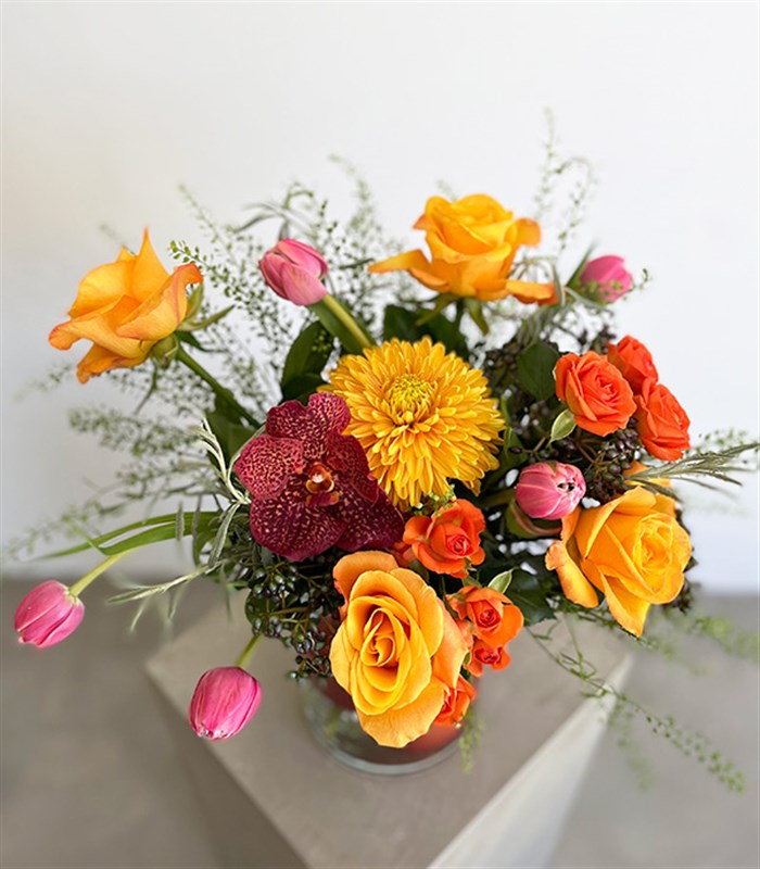 Mary Cam Vazoda Turuncu Gül Pembe Lale Aranjman