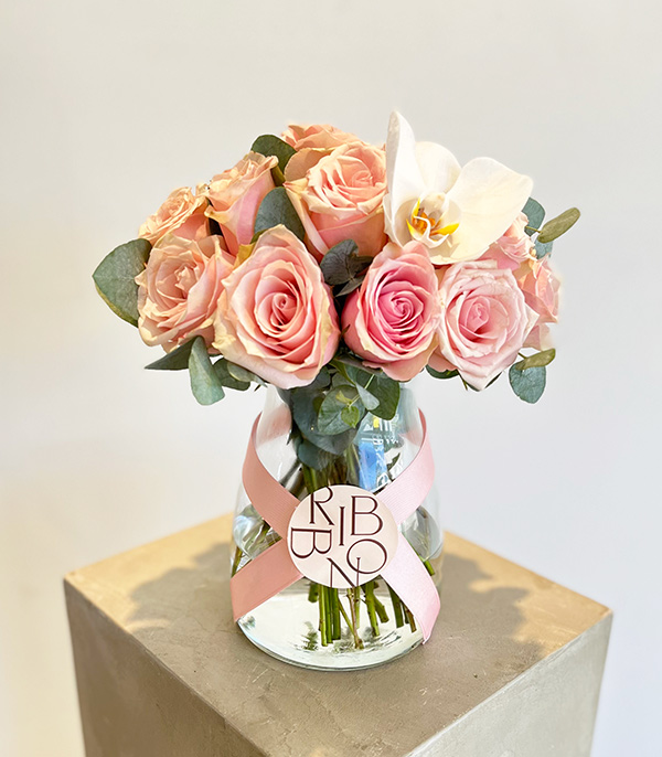 Fiona Pink Roses in a Glass Vase