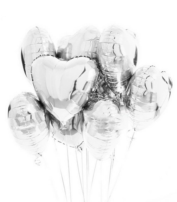 10 Silver Heart Flying Helium Balloons