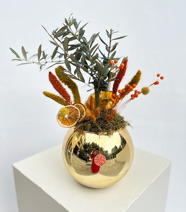 Olive Tree in Gold Glass Vase