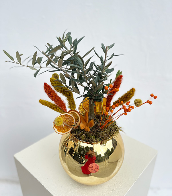 Olive Tree in Gold Glass Vase