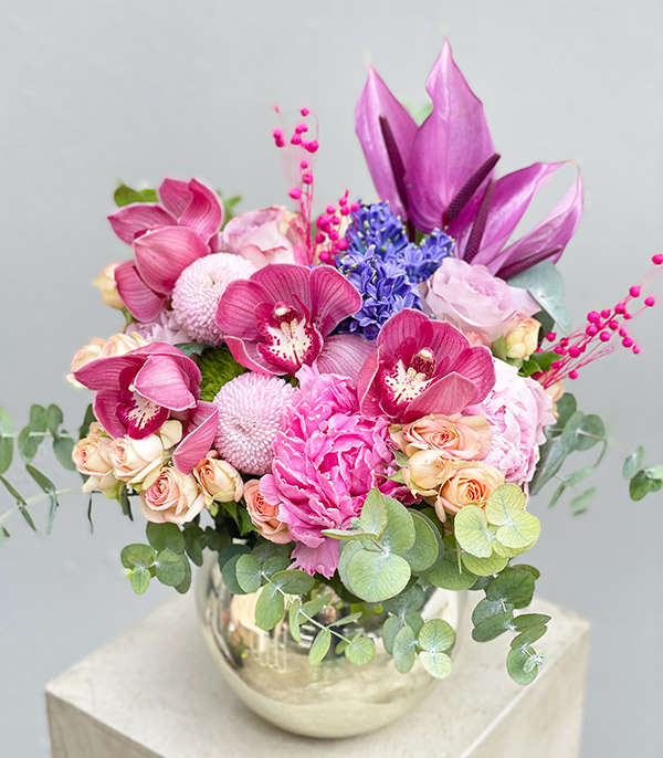 Pink Peonies Lilac Arrangement in Silver Vase
