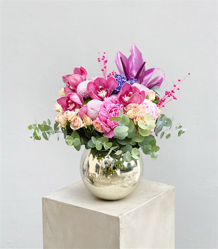 Silver Vazoda Pembe Şakayıklı Lila Aranjman