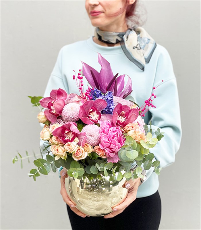 Silver Vazoda Pembe Şakayıklı Lila Aranjman