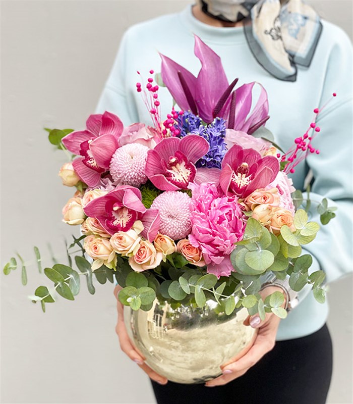 Silver Vazoda Pembe Şakayıklı Lila Aranjman