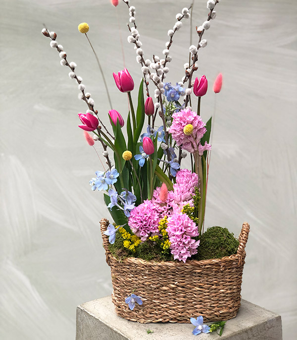 Amelia Earhart Pink Hyacinth Tulip Basket Arrangement