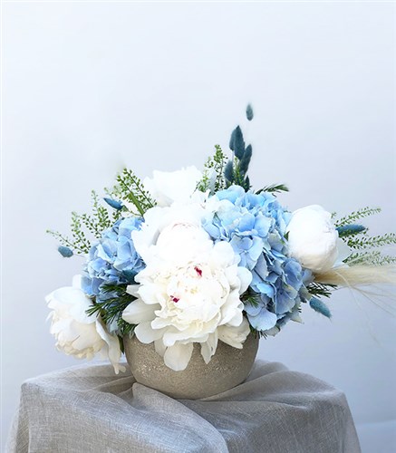 Blanch Peony Blue Hydrangea Arrangement in Stone Vase