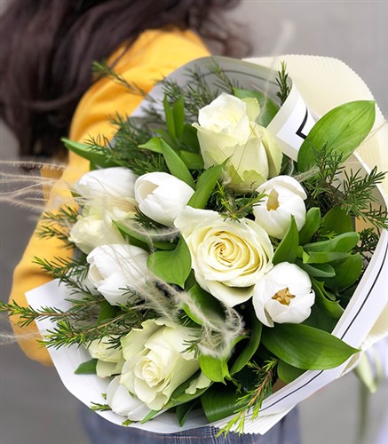 Diana White Tulip Rose Bouquet