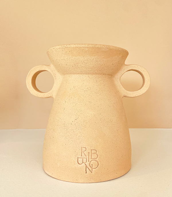 Beige Handmade Ceramic Vase with Two Handles