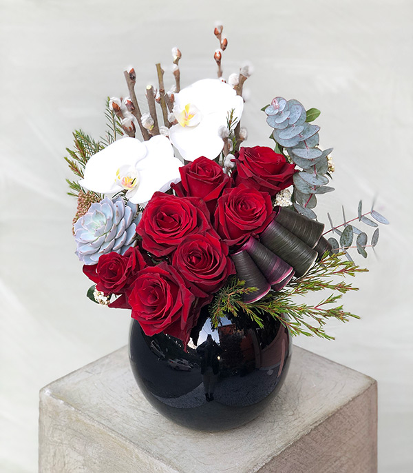 Jenny Red Rose White Orchid Black Vase Arrangement