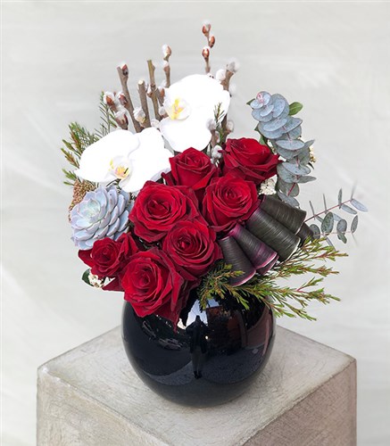 Jenny Red Rose White Orchid Black Vase Arrangement