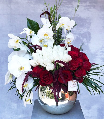 Red Roses White Tulips Deluxe Arrangement