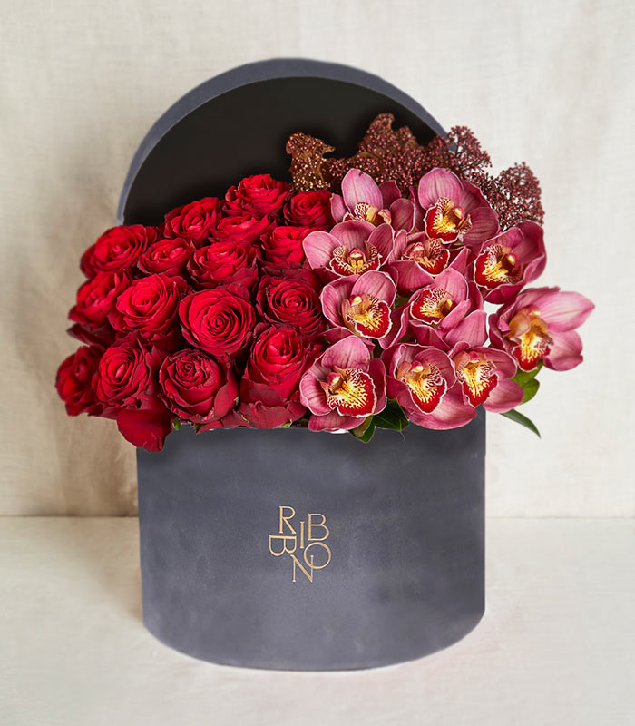 Roses and Orchids in Grand Red Box