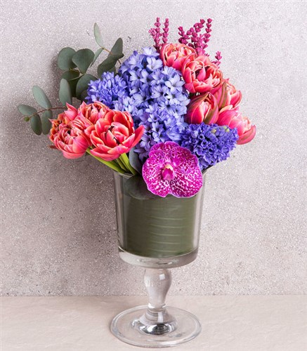 Pink Tulip Purple Hyacinth Vase Arrangement