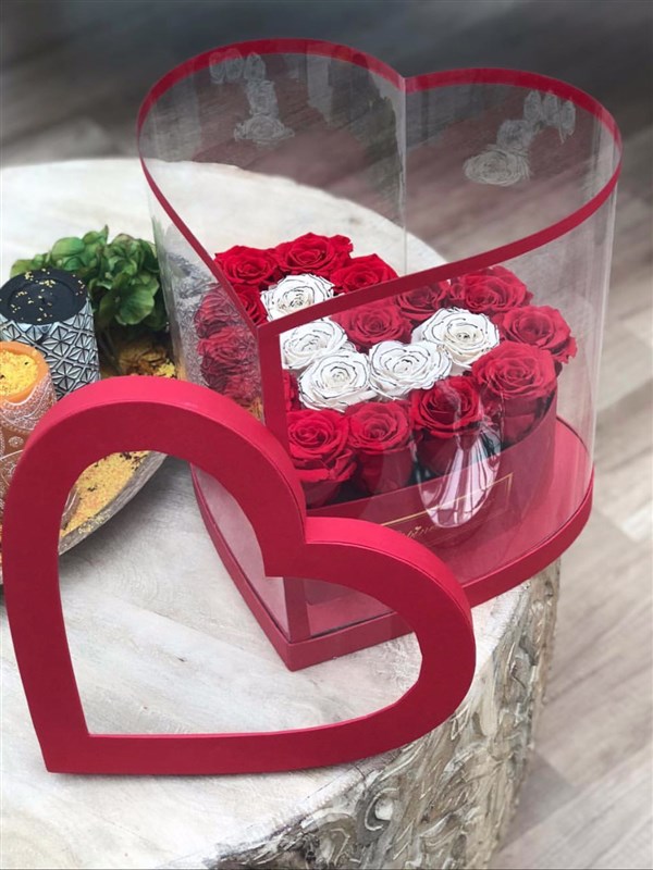 Kırmızı Kalp Asetat Kutuda Solmayan Güller