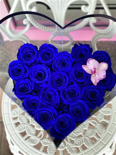 Siyah Kalp Asetat Kutuda Mavi Solmayan Güller