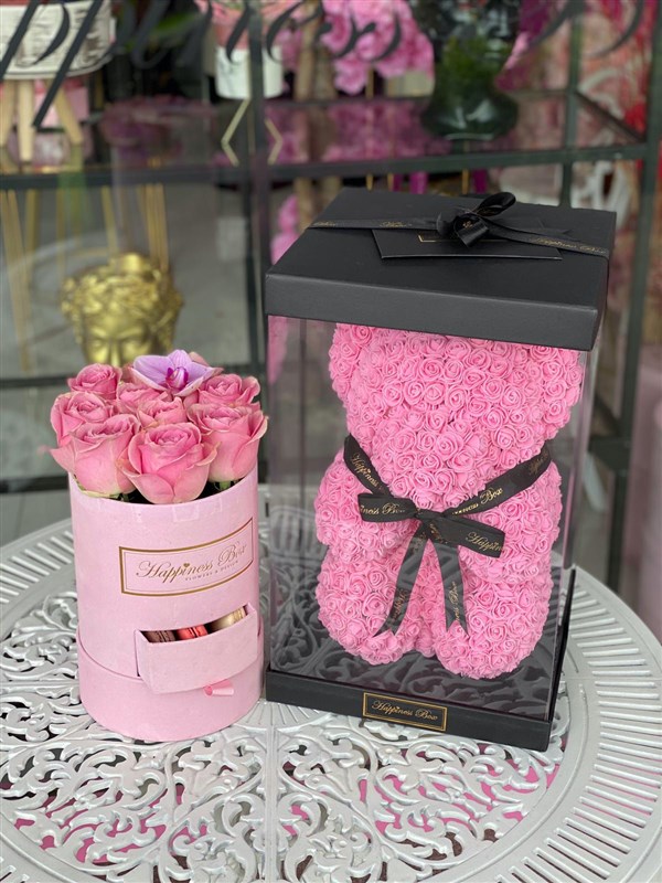 Pembe Teddy Bear ve Pembe Macaronlu Gül Kutusu