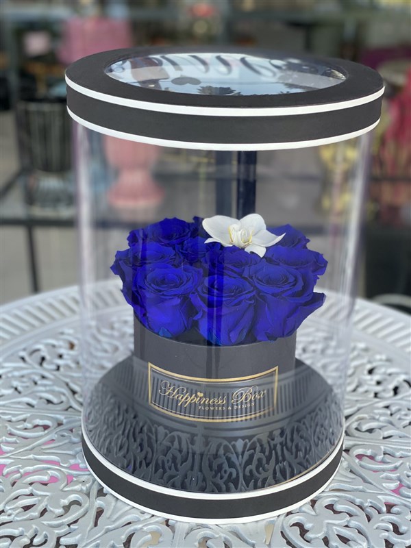 Siyah Silindir Asetat Kutuda Mavi Solmayan Güller