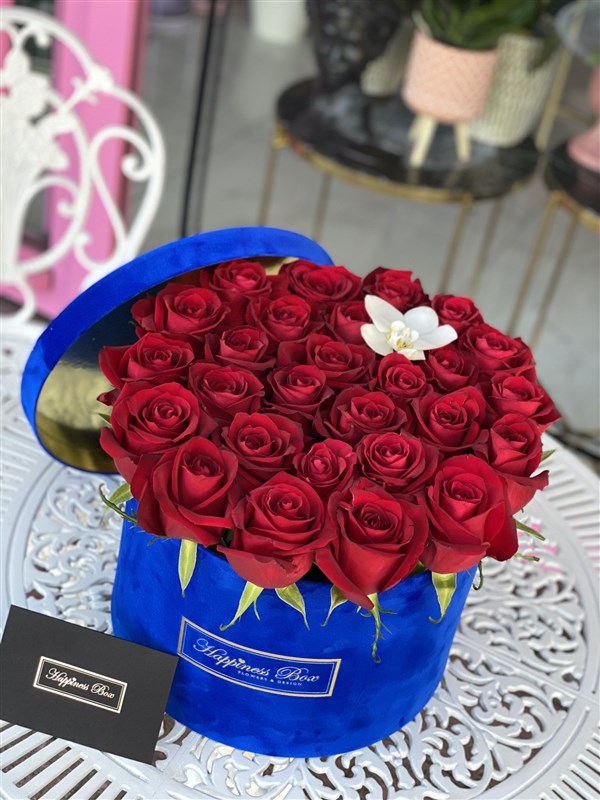 Mavi Kadife Mega Kutuda Kırmızı İthal Güller