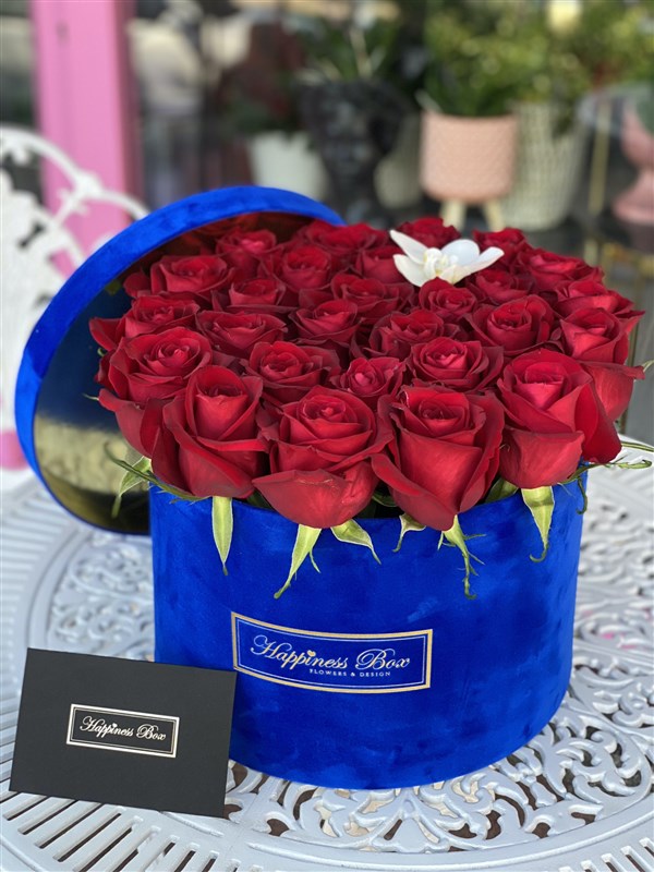 Mavi Kadife Mega Kutuda Kırmızı İthal Güller