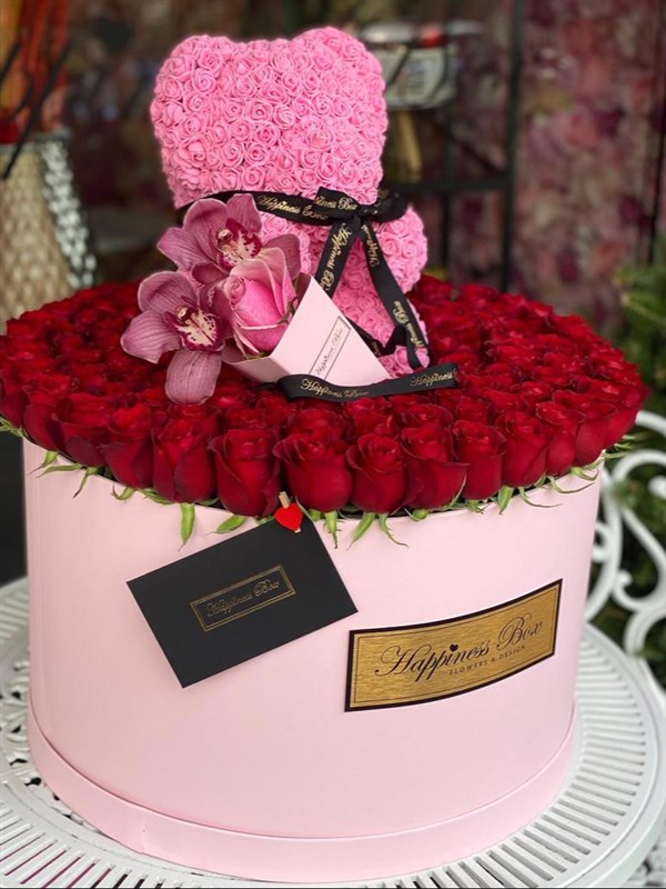 Pembe Dev Kutuda Kırmızı Güller ve Pembe Teddy Bear