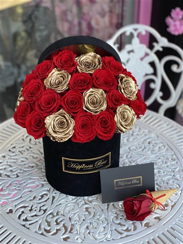 Siyah Kadife Silindir Kutuda Bombeli Gold Kırmızı Solmayan Güller
