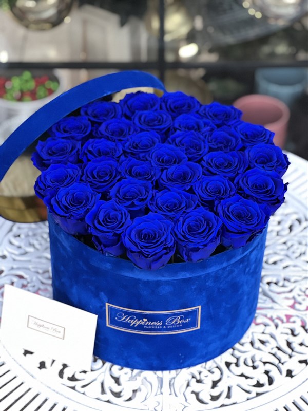Mavi Solmayan Güller Mavi Kadife Kutu İle