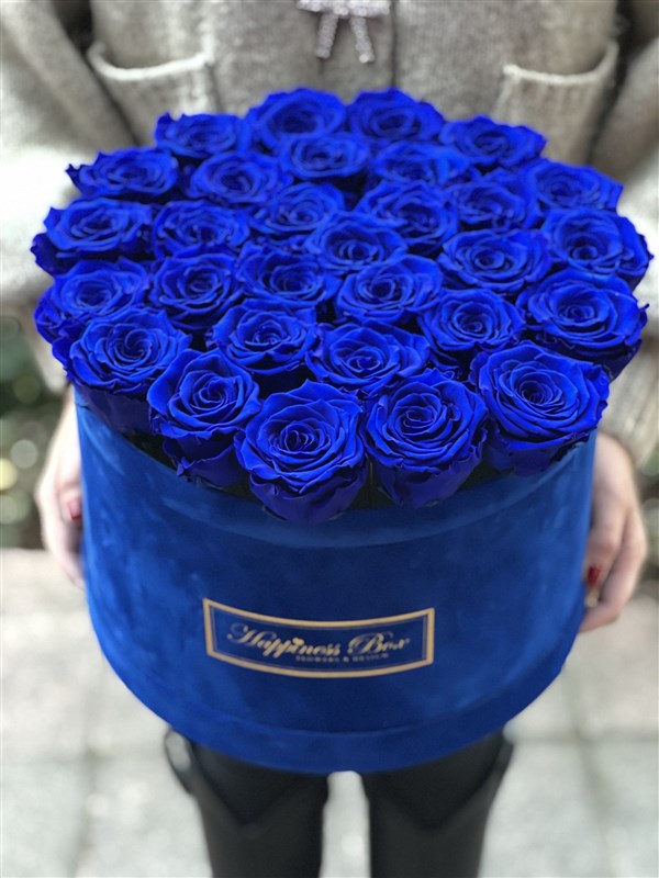 Mavi Solmayan Güller Mavi Kadife Kutu İle