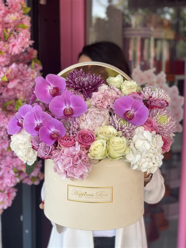 Bej Kutuda Orkide ve Ortanca Aranjmanı