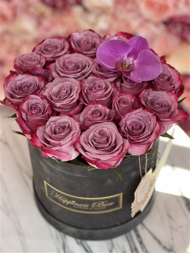 Füme Kadife Silindir Kutuda İki Renkli Güller