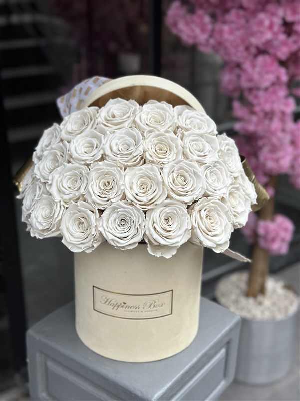 Bej Kadife Kutuda Beyaz Solmayan Güller