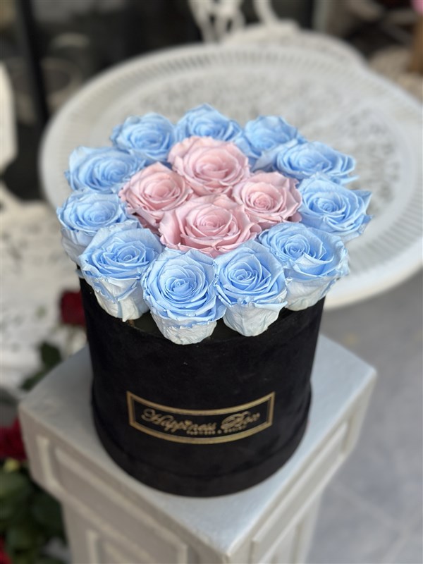 Siyah Kadife Kutuda Mavi Pembe Solmayan Güller