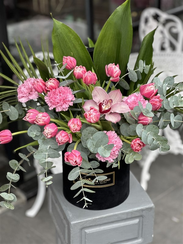 Siyah Kadife Kutuda Pembe Laleler