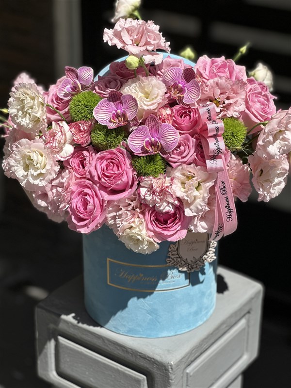 Baby Blue Kutuda Pembe Çiçekler