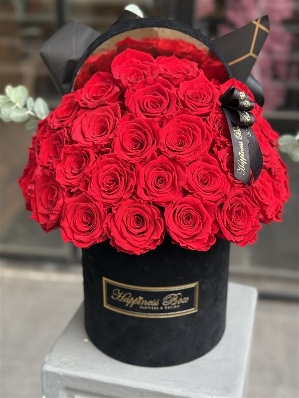Siyah Kadife Kutuda Kırmızı Solmayan Güller - Şoklanmış Güller