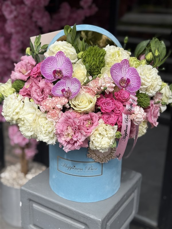 Fiorella Mavi Kutuda Beyaz Pembe Mevsim Çiçekleri