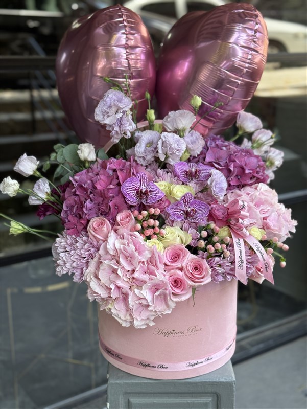 Victoria Pembe Mor Ortanca Aranjman ve Kalpli Balonlar