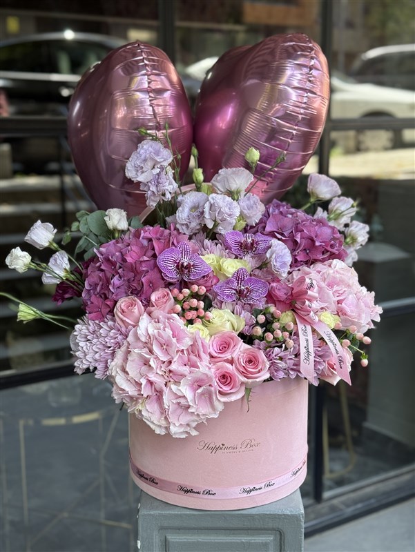 Victoria Pembe Mor Ortanca Aranjman ve Kalpli Balonlar