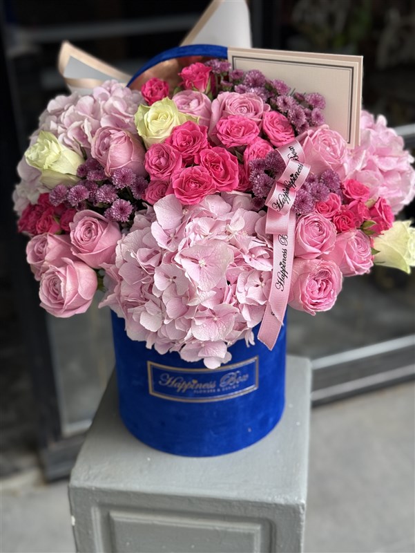 Mavi Kadife Kutuda Pembe Ortanca ve Güller